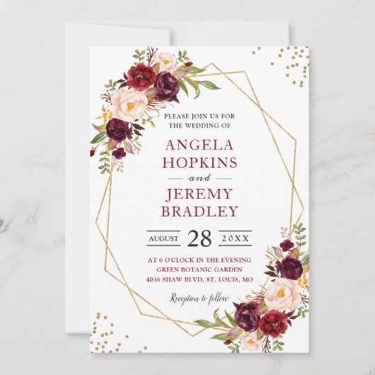 Blush Burgundy Floral Modern Gold Lijst Wedding Kaart (Voorkant)