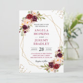 Blush Burgundy Floral Modern Gold Lijst Wedding Kaart (Staand voorkant)