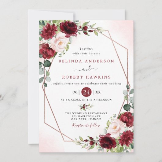 Blush Burgundy Floral Modern Gold Lijst Wedding Kaart (Voorkant)