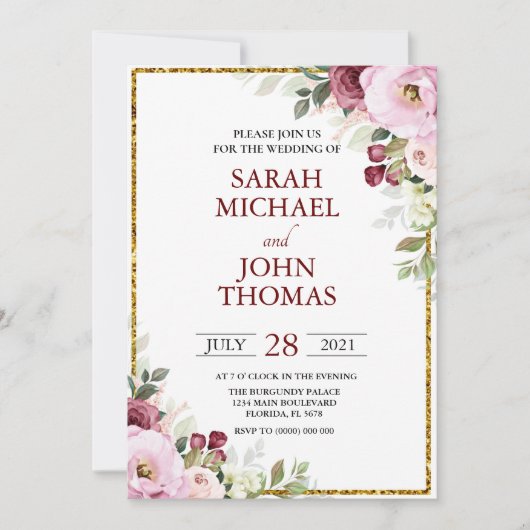 Blush Burgundy Floral Modern Gold Lijst Wedding Kaart (Voorkant)