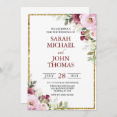 Blush Burgundy Floral Modern Gold Lijst Wedding Kaart (Voorkant / Achterkant)