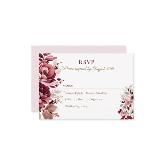 Blush Burgundy Floral Modern Wedding RSVP (Voorkant / Achterkant in situ)