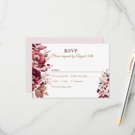 Blush Burgundy Floral Modern Wedding RSVP Kaartje