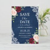 Blush Burgundy Floral Navy Blue Lace Wedding Save The Date (Staand voorkant)
