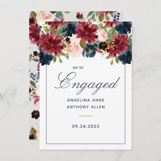 Blush Burgundy Floral Roos Gold Accents Verloving Kaart (Voorkant / Achterkant)