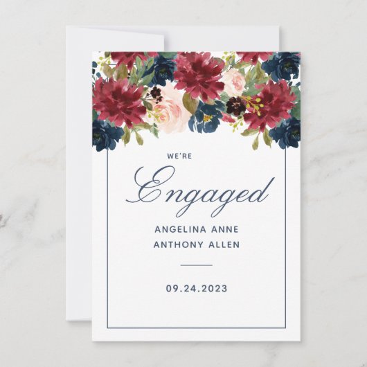 Blush Burgundy Floral Roos Gold Accents Verloving Kaart (Voorkant)