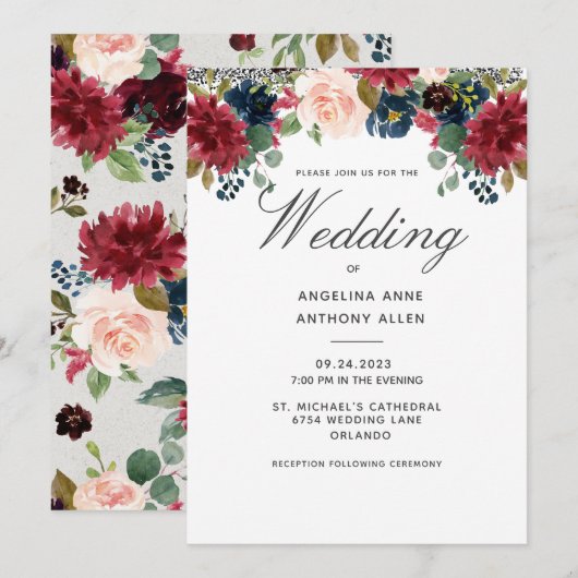 Blush Burgundy Floral Roos Gold Accents Weddenscha Kaart (Voorkant / Achterkant)