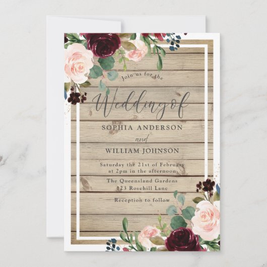 Blush & Burgundy Floral Rustic Spring Fall Wedding Kaart (Voorkant)