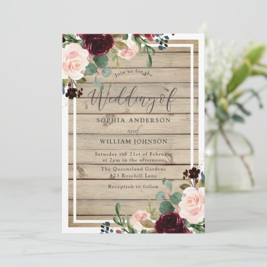 Blush & Burgundy Floral Rustic Spring Fall Wedding Kaart (Staand voorkant)