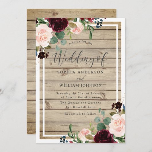 Blush & Burgundy Floral Rustic Spring Fall Wedding Kaart (Voorkant / Achterkant)