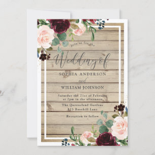 Blush & Burgundy Floral Rustic Spring Fall Wedding Kaart