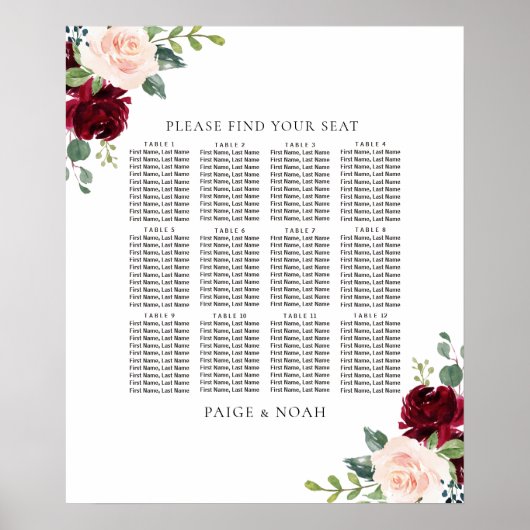 Blush Burgundy Floral Table Seating Chart Weddensc Poster (Voorkant)