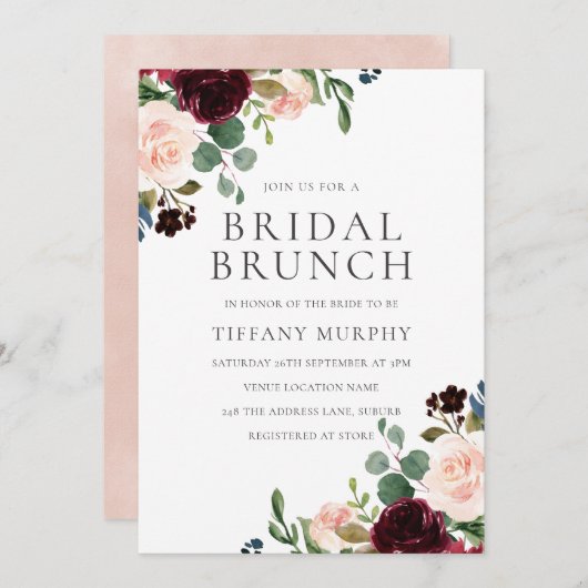  Blush Burgundy Floral Vrijgezellenfeest Brunch Kaart (Voorkant / Achterkant)