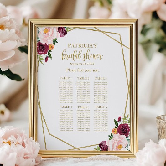Blush Burgundy Floral Vrijgezellenfeest Seating Ch Poster