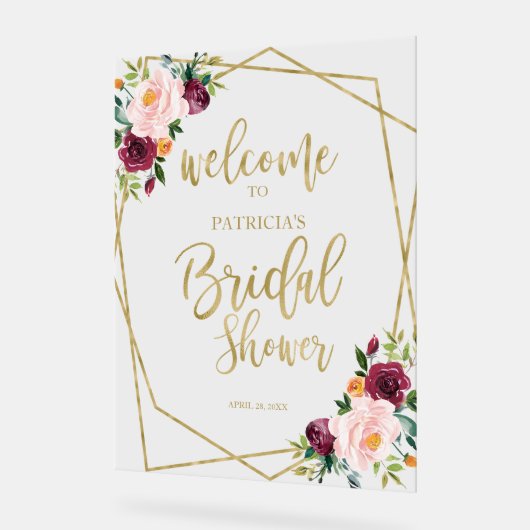 Blush Burgundy Floral Vrijgezellenfeest Welkom Acryl Bord (Hoek)