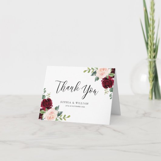 Blush & Burgundy Floral Waterverf Wedding Event Bedankkaart (Voorkant)