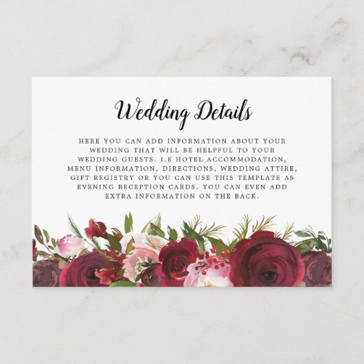 Blush Burgundy Floral Wedding Details Informatiekaartje (Voorkant)