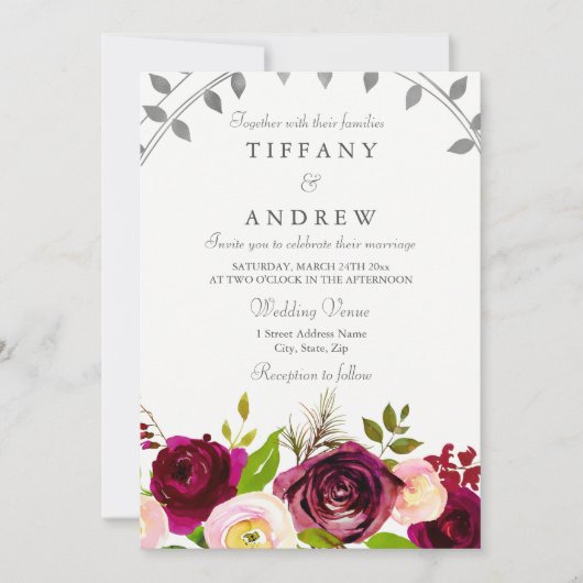 Blush & Burgundy Floral Wedding Kaart (Voorkant)