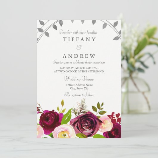 Blush & Burgundy Floral Wedding Kaart (Staand voorkant)