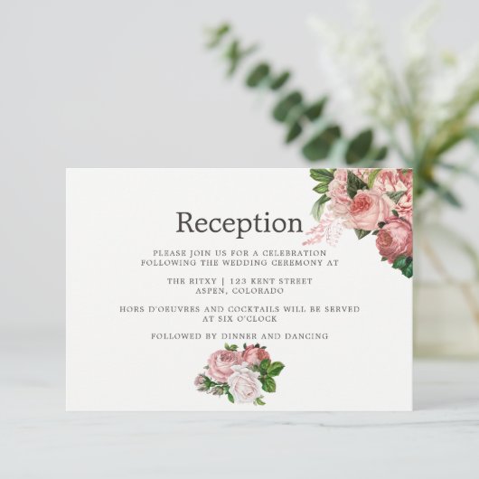  Blush & Burgundy Floral Wedding Reception Kaart (Staand voorkant)