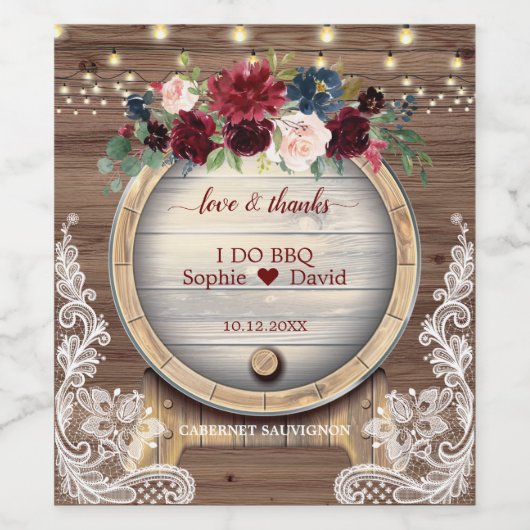 Blush Burgundy Floral Wine Barrel Lace Weddenschap Wijn Etiket (Enkel label)