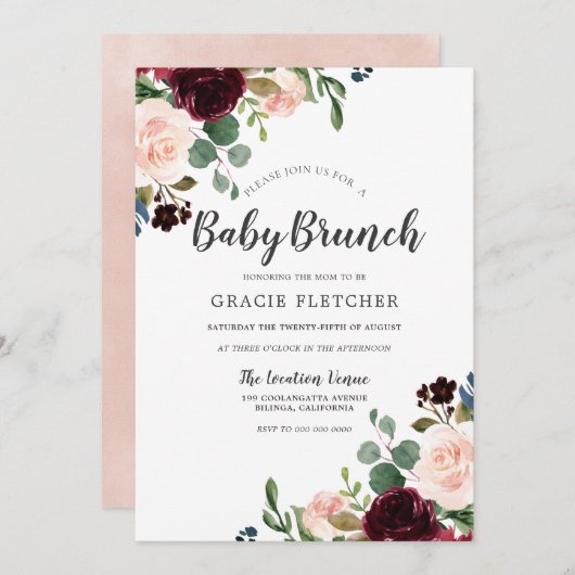 Blush & Burgundy Flowers Baby shower Brunch Kaart (Voorkant / Achterkant)