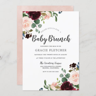 Blush & Burgundy Flowers Baby shower Brunch Kaart