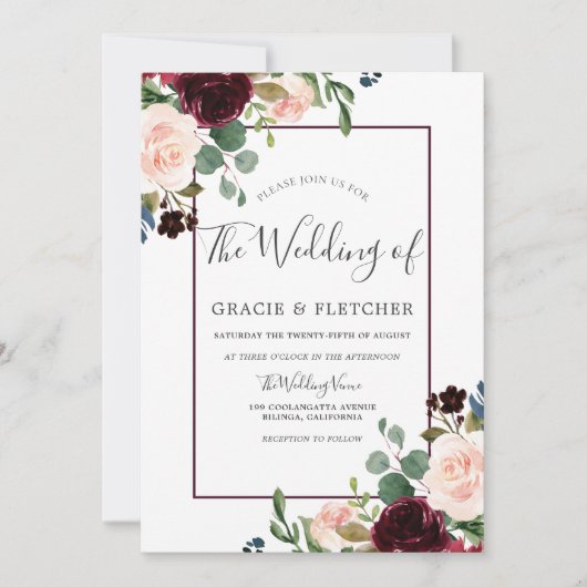Blush & Burgundy Flowers Border Lijst Weddenschap Kaart (Voorkant)