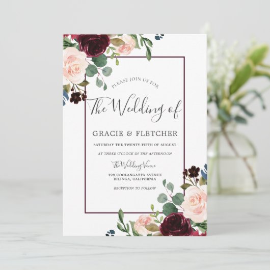 Blush & Burgundy Flowers Border Lijst Weddenschap Kaart (Staand voorkant)