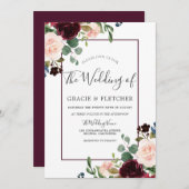 Blush & Burgundy Flowers Border Lijst Weddenschap Kaart (Voorkant / Achterkant)