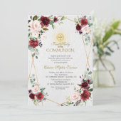 Blush Burgundy Flowers Gold First Heilige Communie Kaart (Staand voorkant)