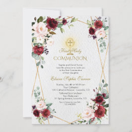 Blush Burgundy Flowers Gold First Heilige Communie Kaart