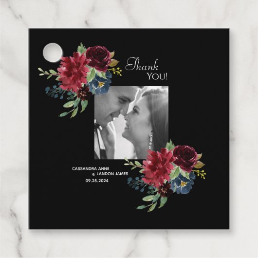 Blush Burgundy Foto Floral Elegant Waterverf Bedankjes Labels (Voorkant)