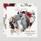 Blush Burgundy Foto Floral Elegant Waterverf Save The Date (Voorkant / Achterkant)