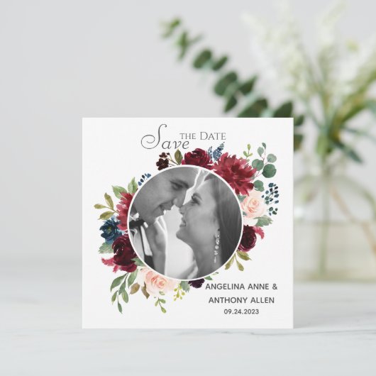 Blush Burgundy Foto Floral Elegant Waterverf Save The Date (Staand voorkant)
