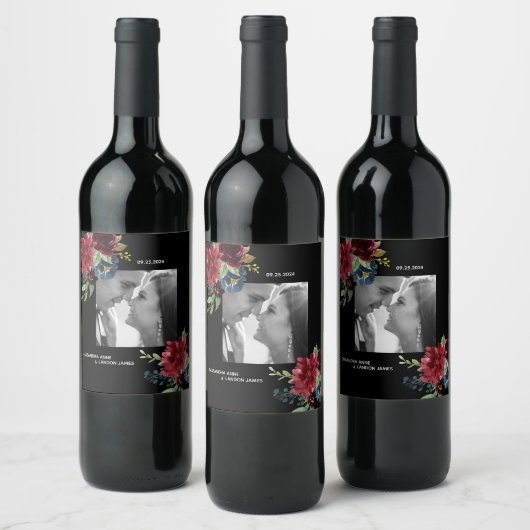 Blush Burgundy Foto Floral Elegant Waterverf Wijn Etiket (Flessen)