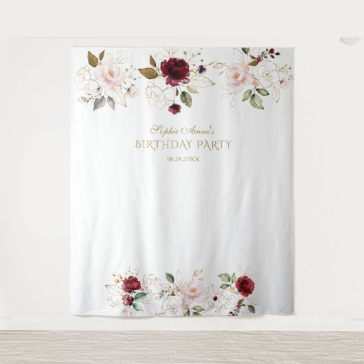 Blush Burgundy Gold Floral Birthday Foto Booth Wandkleed (Voorkant)