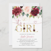 Blush Burgundy Gold Floral Het is een meisje Baby  Kaart (Voorkant)