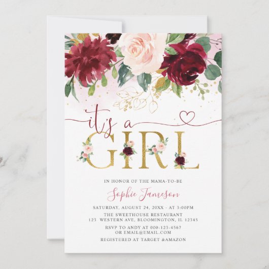 Blush Burgundy Gold Floral Het is een meisje Baby  Kaart (Voorkant)