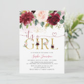 Blush Burgundy Gold Floral Het is een meisje Baby  Kaart (Staand voorkant)