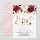 Blush Burgundy Gold Floral Het is een meisje Baby  Kaart (Voorkant / Achterkant)