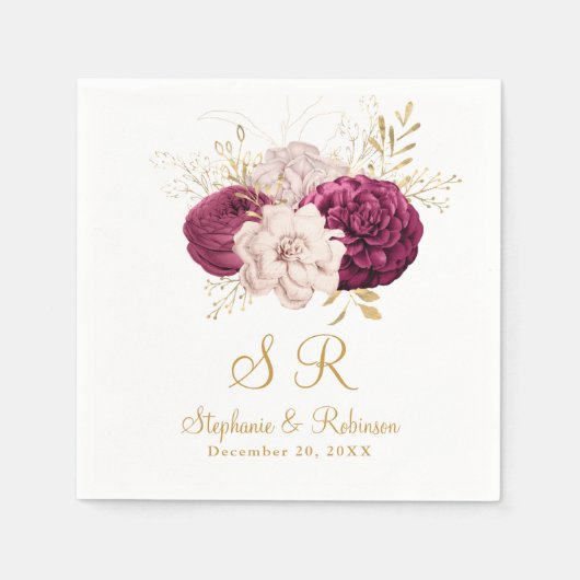 Blush Burgundy Gold Floral Monogram Weduwpapier Servet (Voorkant)