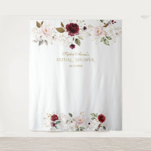 Blush Burgundy Gouden Bloemen Bruiloftsfotocabine Wandkleed