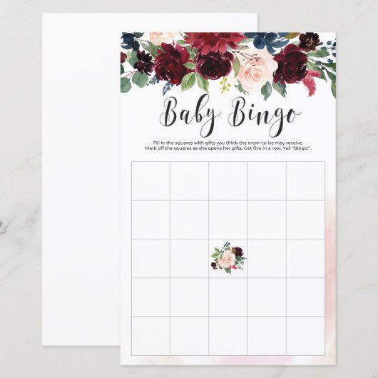 Blush Burgundy navy baby shower bingo game (Voorkant / Achterkant)