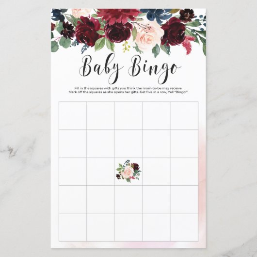 Blush Burgundy navy baby shower bingo game (Voorkant)