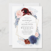Blush Burgundy Navy Blue Floral Wedding Invitation Kaart (Voorkant)