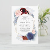 Blush Burgundy Navy Blue Floral Wedding Invitation Kaart (Staand voorkant)