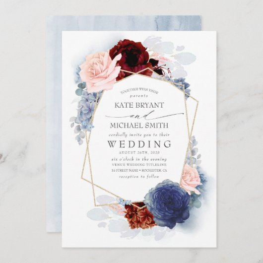 Blush Burgundy Navy Blue Floral Wedding Invitation Kaart (Voorkant / Achterkant)