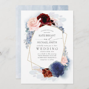 Blush Burgundy Navy Blue Floral Wedding Invitation Kaart