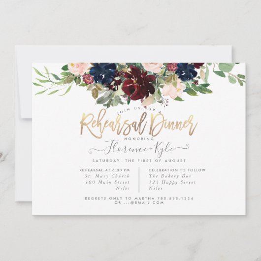 Blush Burgundy Navy Rehearsal Dinner Invitation Kaart (Voorkant)